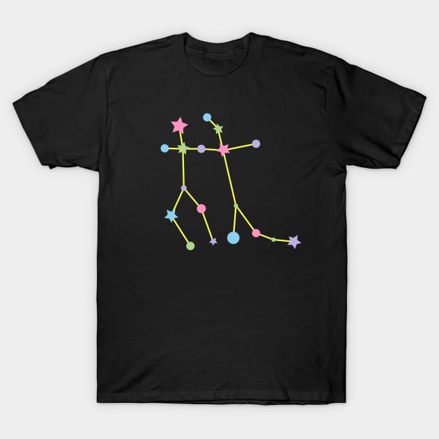 Gemini Zodiac Constellation in Rainbow Pastels - Black T-Shirt by Kelly Gigi